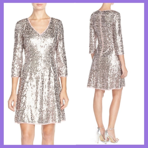NWT Eliza J Sequin Mesh Fit & Flare Dress in Pink Rose‎ Gold [SZ 6 ] - Picture 2 of 5